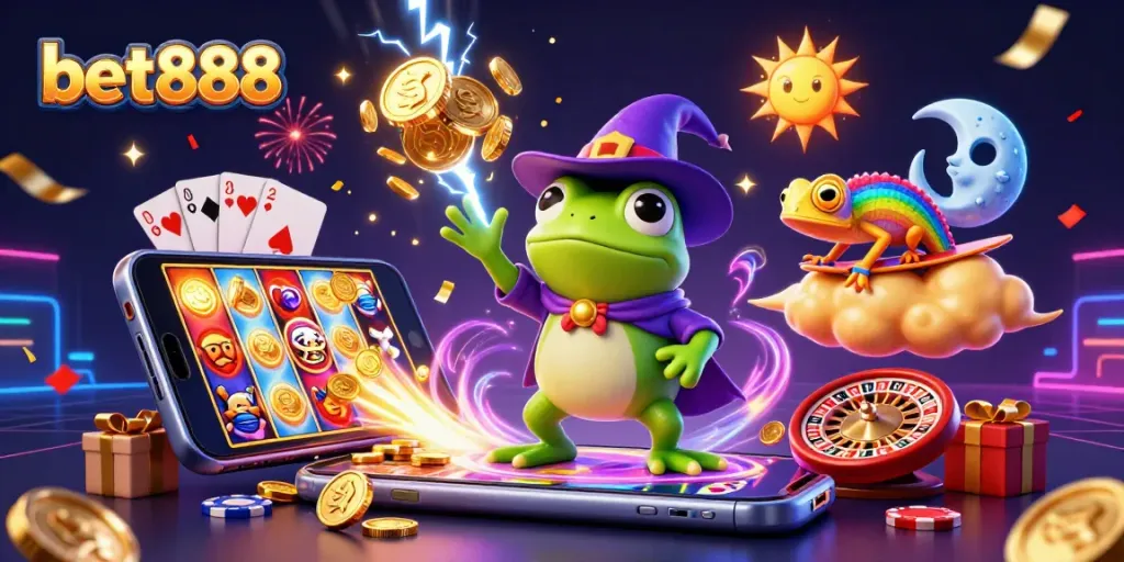 Experience the exciting world of bet888 as characters celebrate with golden coins, slots, and vibrant casino elements.
