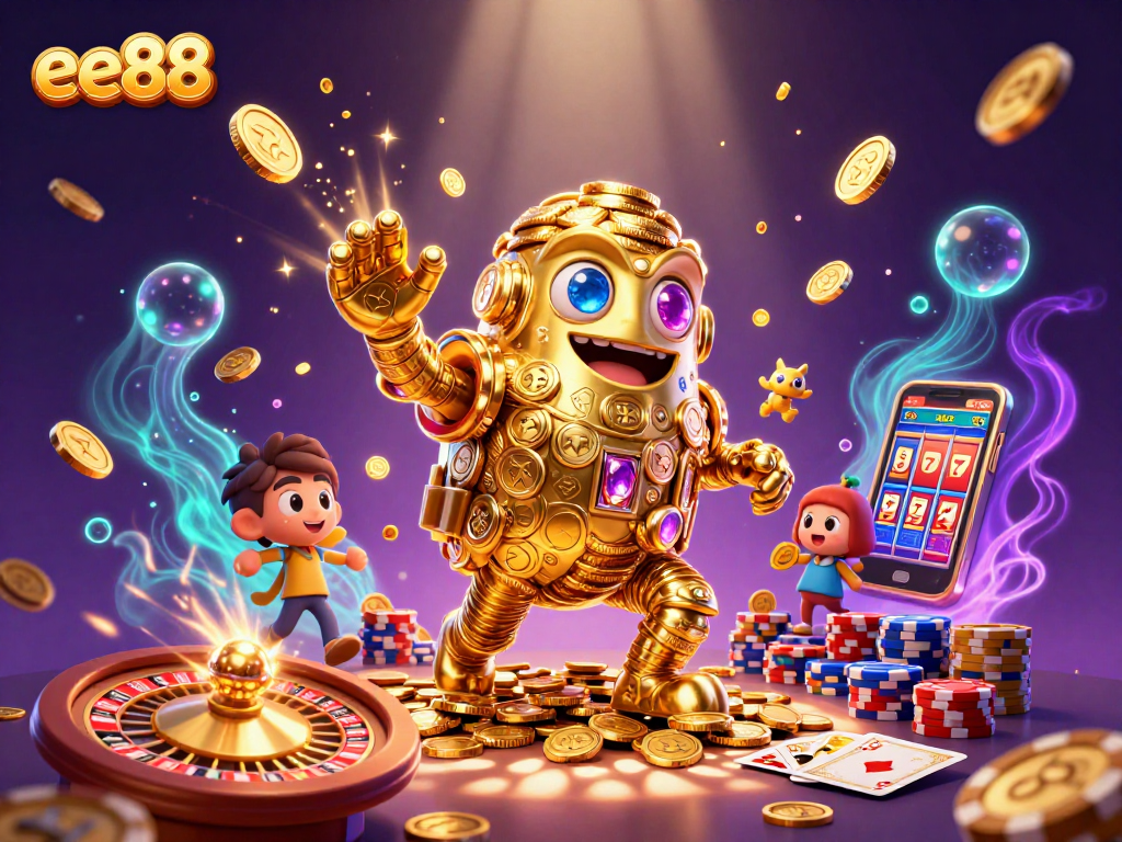 Experience thrilling gameplay at ee88 with a dynamic 3D golem made of coins surrounded by casino elements.