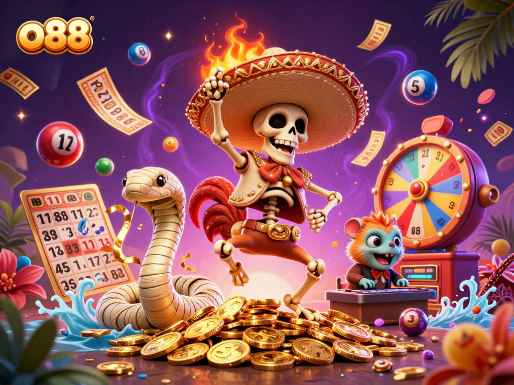 Win big at o88 with exciting gaming action featuring vibrant characters and jackpot elements.