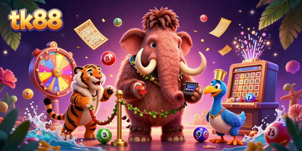 Experience the vibrant energy of tk88 with lively casino characters amidst colorful lottery elements.