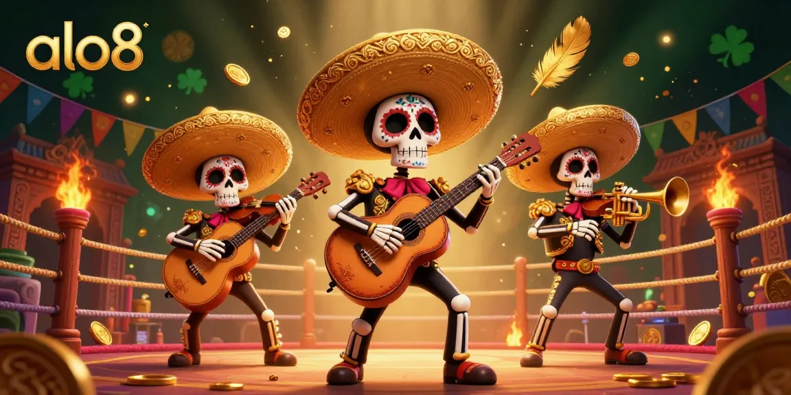 Engage with the vibrant world of alo8 as mariachis celebrate in a dynamic casino scene filled with golden tokens.