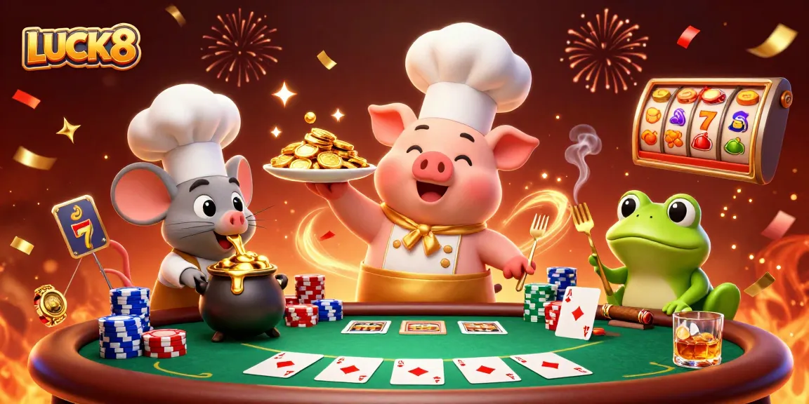 LUCK8 showcases a vibrant 3D casino scene with characters engaging in gold coin festivities.