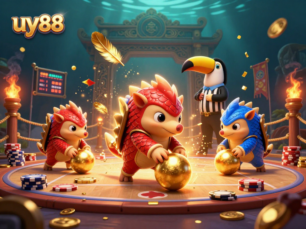 Engaging uy88 casino illustration featuring rival pangolins in a vibrant poker showdown with golden flair.