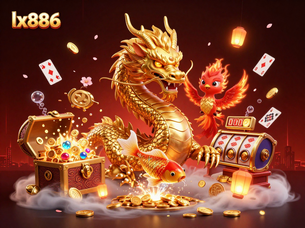 Engage with the exhilarating lx886 gaming scene, featuring a dragon, phoenix, and koi surrounded by slot elements.