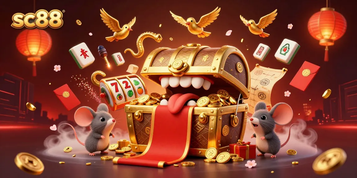 Experience winning moments with sc88 in this vibrant 3D casino illustration featuring treasure and excitement.