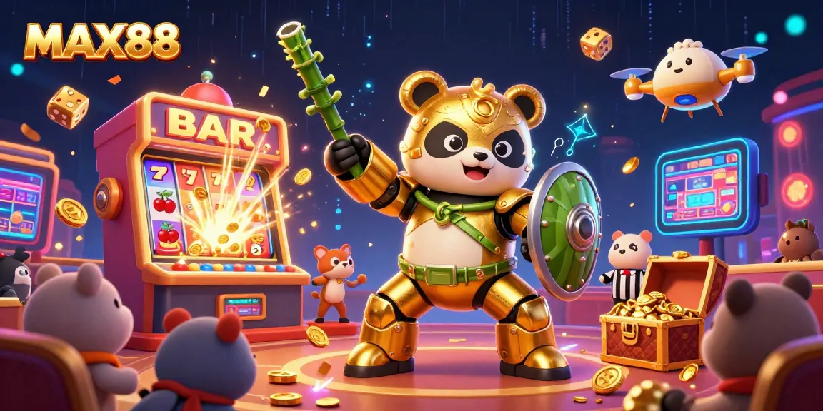 Experience the excitement of MAX88 with a colorful 3D illustration featuring a golden panda in a casino arena.