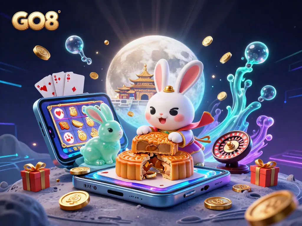 Experience thrilling action with GO8 as the moon rabbit reveals poker chips from mooncakes in a colorful casino scene.