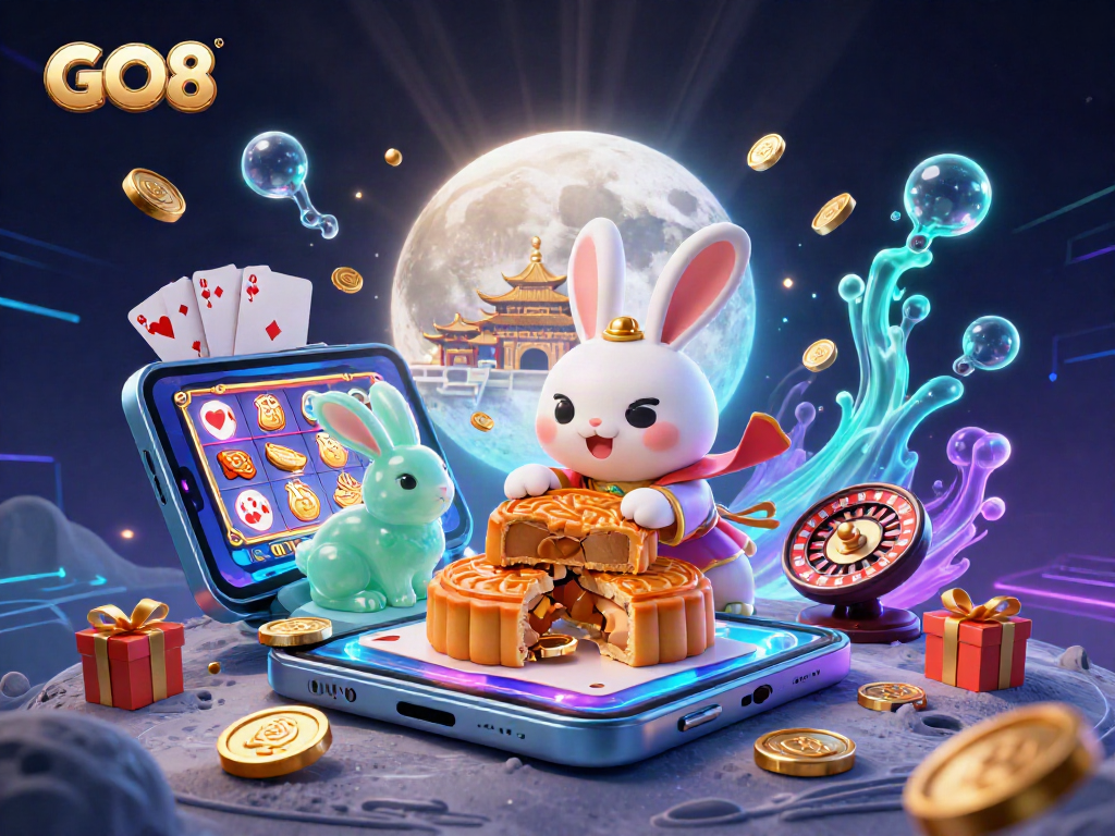 Experience thrilling action with GO8 as the moon rabbit reveals poker chips from mooncakes in a colorful casino scene.