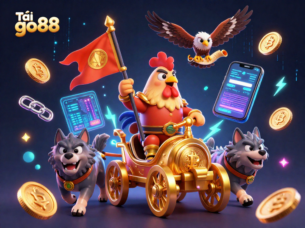 Experience excitement with Tải go88 featuring a rooster warlord and dynamic game elements in vibrant 3D.