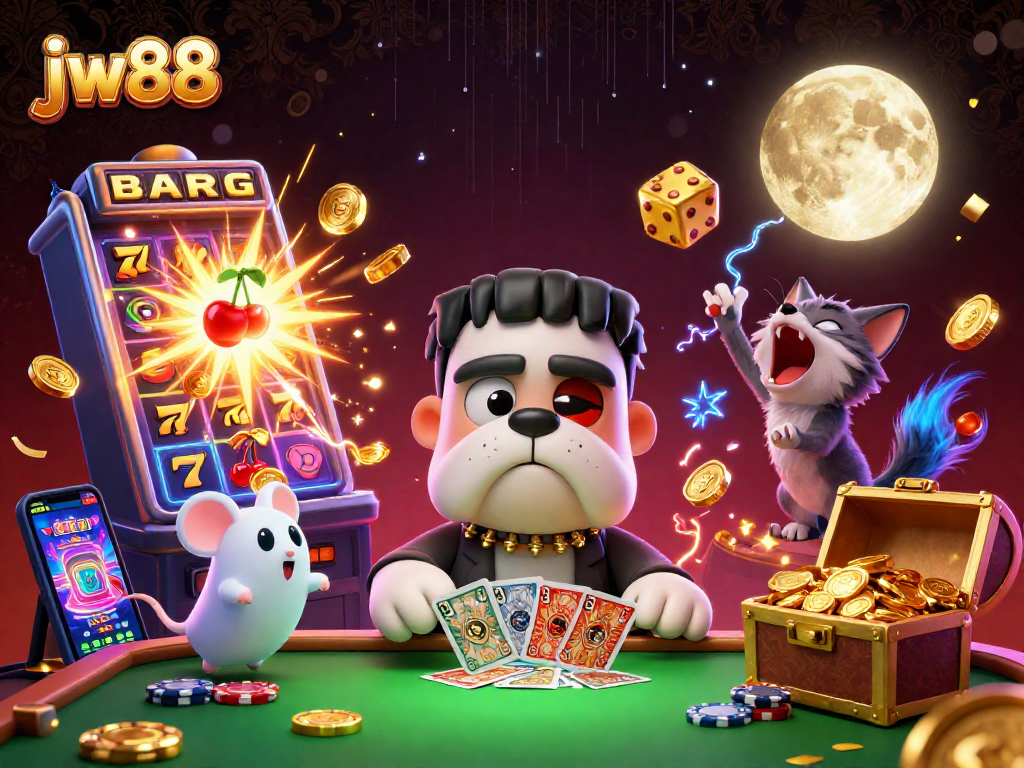 Experience high-stakes action with jw88, featuring playful characters at an electrifying casino table.