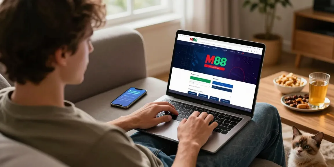 M88 Login alternatif displayed on a laptop in a cozy home setting.