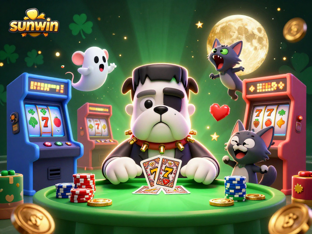 Sunwin offers a lively casino scene with the Frankenstein bulldog and exciting slot elements.