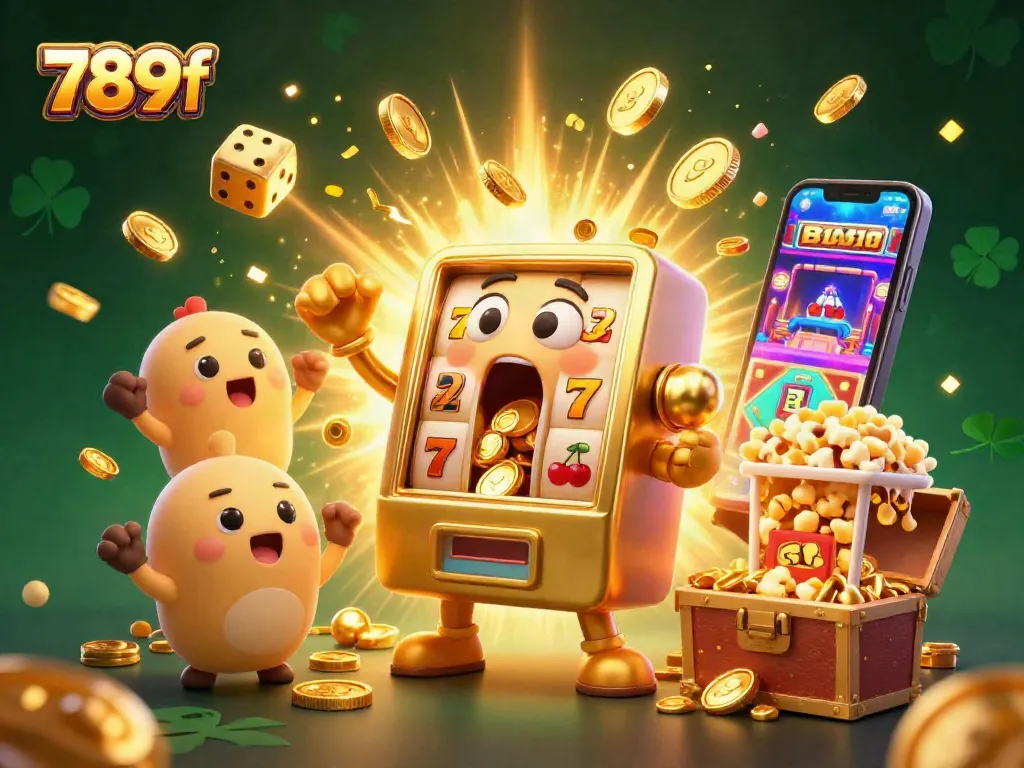Experience the thrill of winning at 789f with slot machines celebrating a jackpot victory, surrounded by riches.