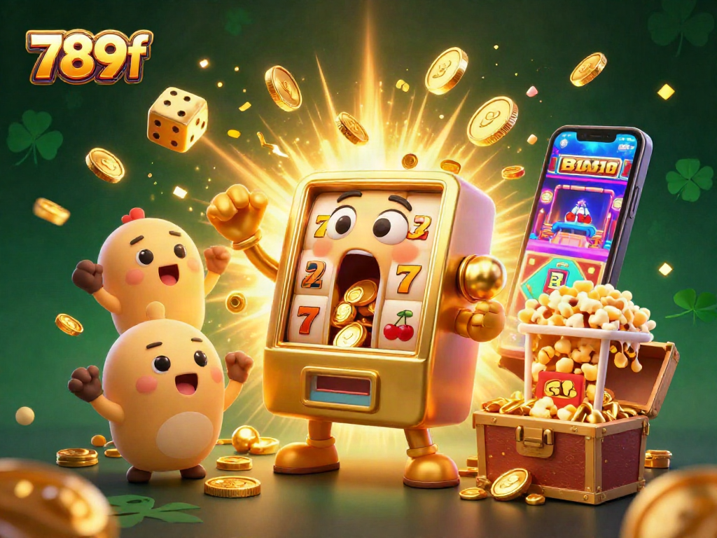 Experience the thrill of winning at 789f with slot machines celebrating a jackpot victory, surrounded by riches.