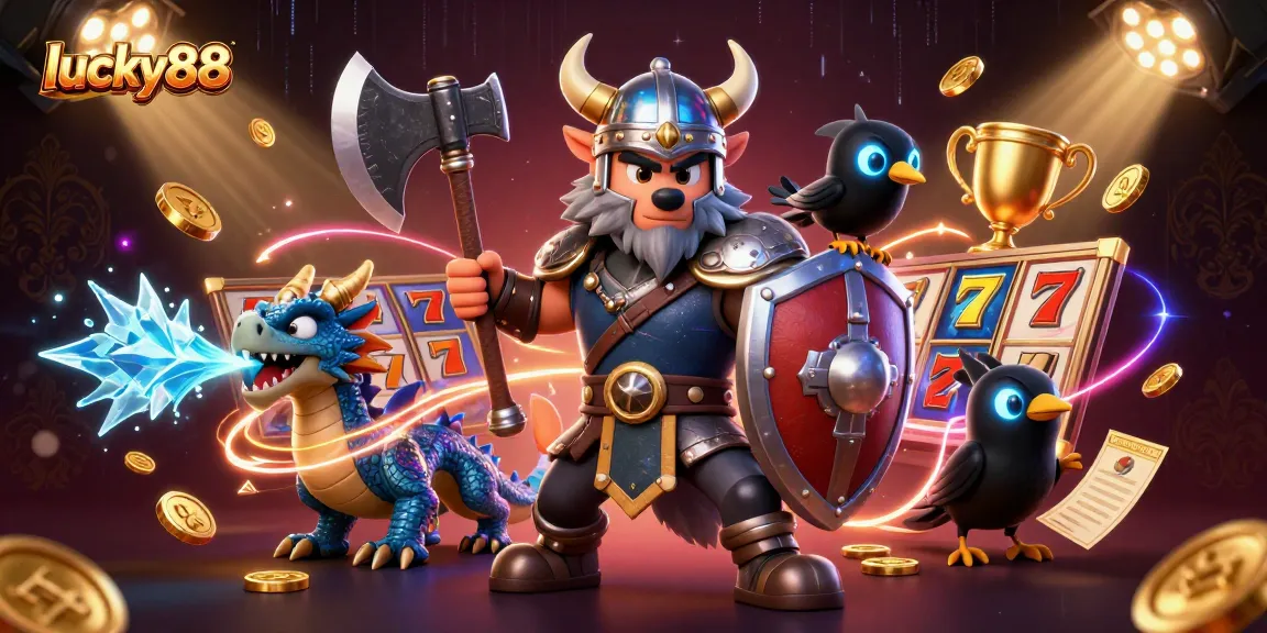 Experience thrilling gameplay with lucky88, featuring a Viking warrior, dragon, and casino symbols in action.