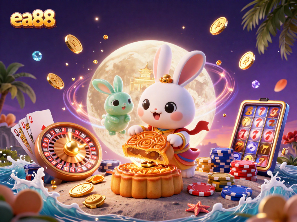 Play exciting games at ea88 with moon rabbit characters, golden coins, and poker chips in 3D.