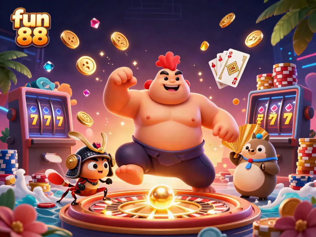 Experience the excitement of fun 88 with dynamic gaming elements and engaging characters in a colorful casino scene.