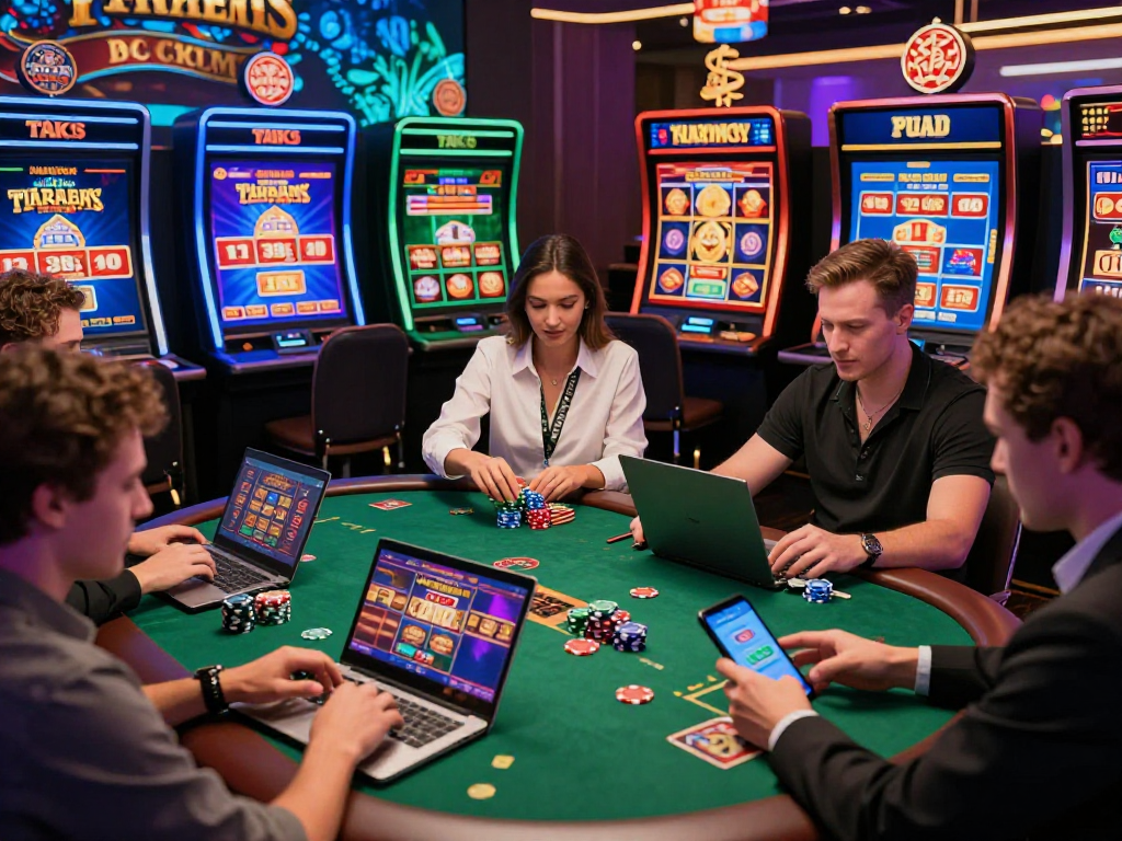 Engaged players enjoying various games at american online casinos in a vibrant virtual setting.