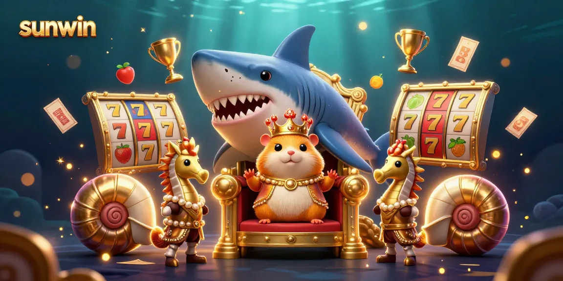 Experience thrilling gameplay with sunwin's magnificent golden hamster king and jackpot symbols in a vibrant illustration.