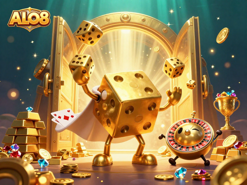 Experience ALO8's thrilling online casino with dynamic 3D characters, golden treasures, and casino excitement.