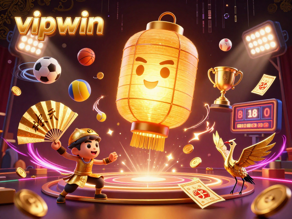 Engage with vipwin through an exciting casino depiction featuring a golden lantern spirit and dynamic game elements.