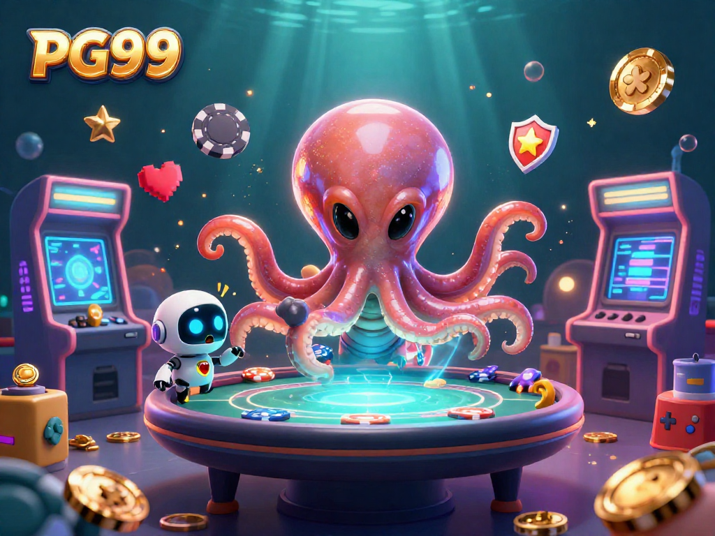 Engage in thrilling poker action with PG99 as a colorful alien octopus operates a holographic table.