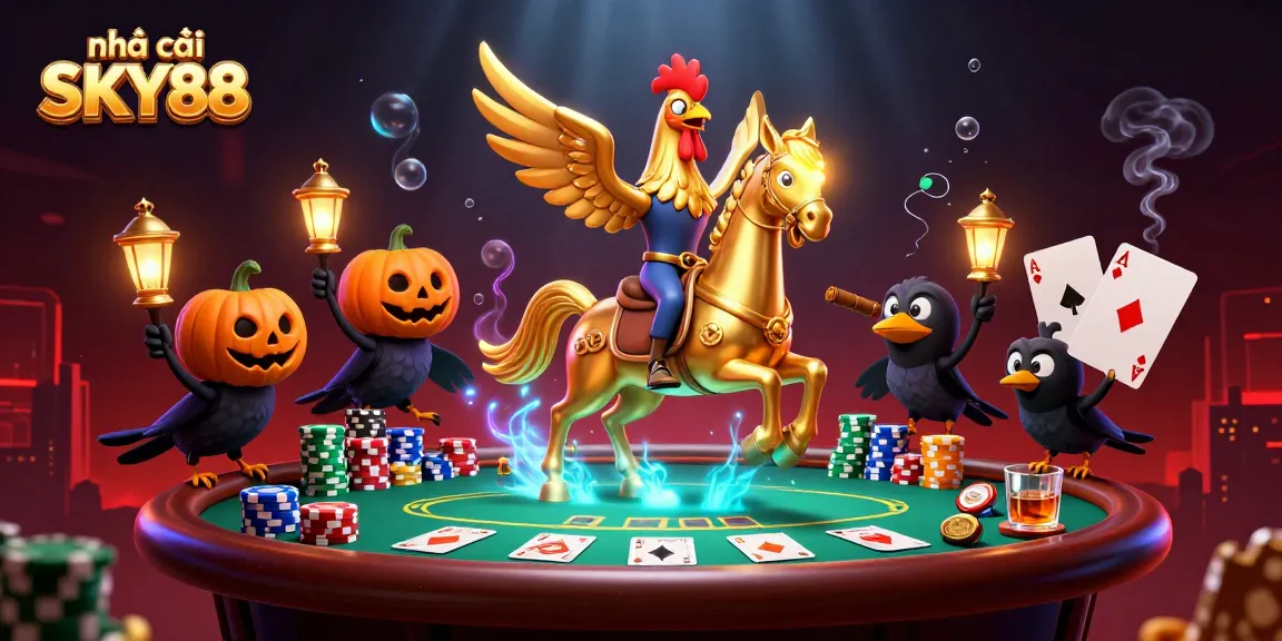 Experience thrilling games at nhà cái SKY88 with a thrilling 3D casino scene featuring fantastic characters.