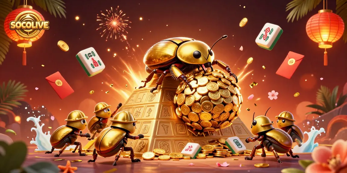 SOCOLIVE showcases a golden dung beetle casino scene filled with vibrant energy and charming symbols.