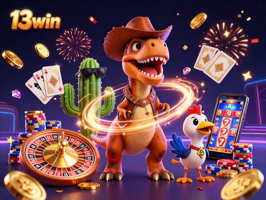 Play exciting games at 13win featuring a T-Rex cowboy and casino elements.