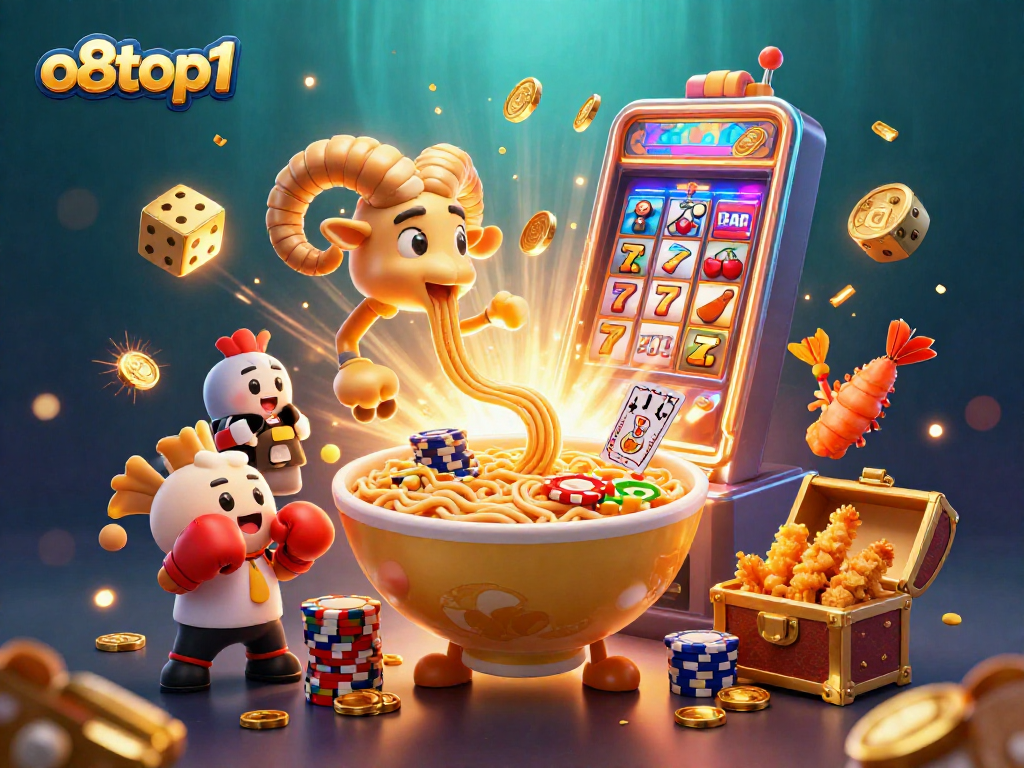 o8top1 showcases an energetic scene with a giant ramen bowl dealer amidst vibrant casino elements.