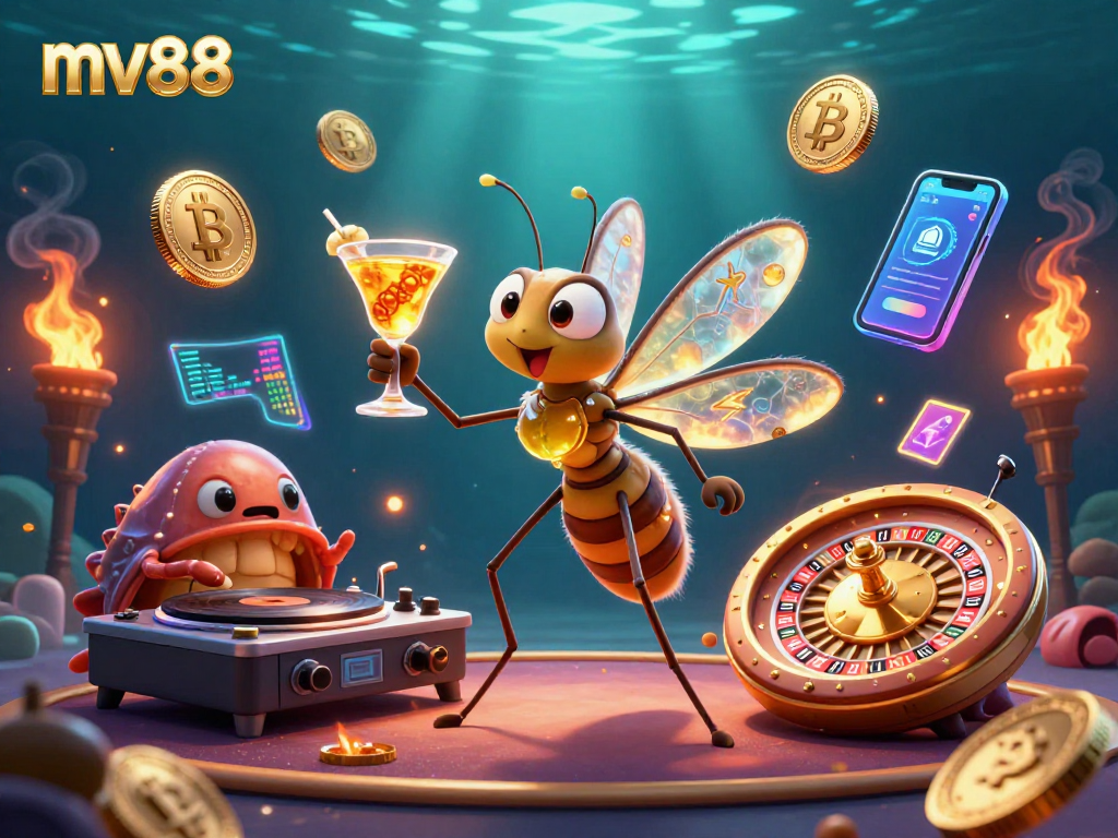 Experience thrilling games at mv88 with a vibrant 3D illustration of animated casino characters and exciting elements.