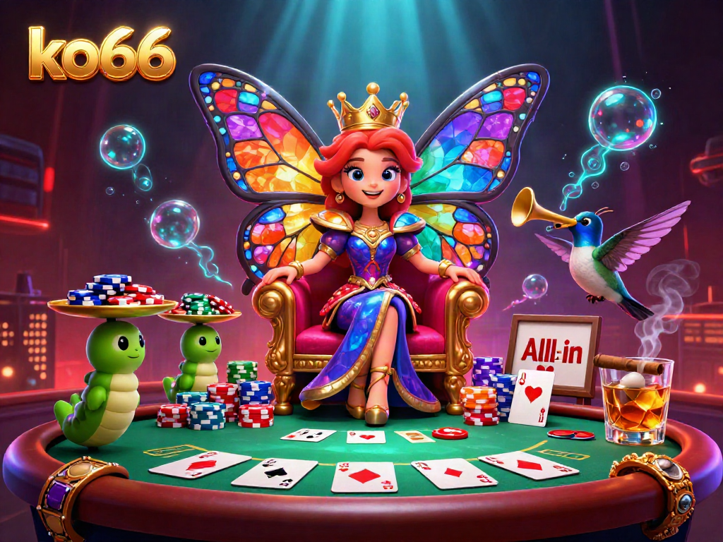 Experience exquisite gaming with ko66 as our butterfly queen presides over a vibrant poker scene.