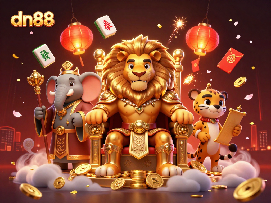Engage in thrilling gameplay at dn88 with a vibrant casino illustration featuring a lion king and magical elements.