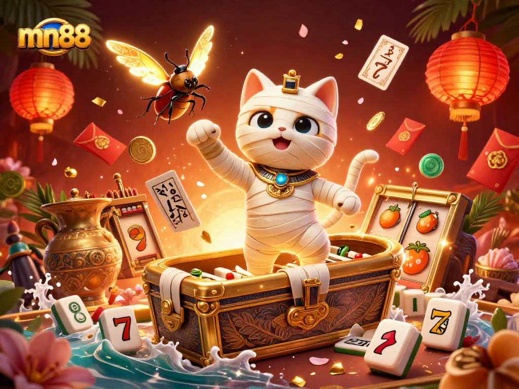 Engage in exciting gameplay at mn88 with a dynamic casino scene featuring a mummy cat bursting from a sarcophagus.