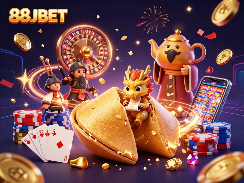 Experience thrilling games at 88JBET, surrounded by golden coins and lively casino characters.