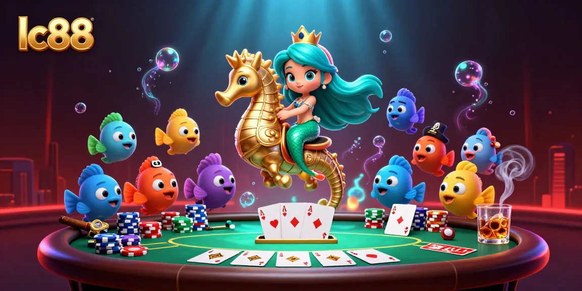 Experience the vibrant LC88 gambling world with a mermaid princess, seahorse, and colorful fish in an underwater casino.