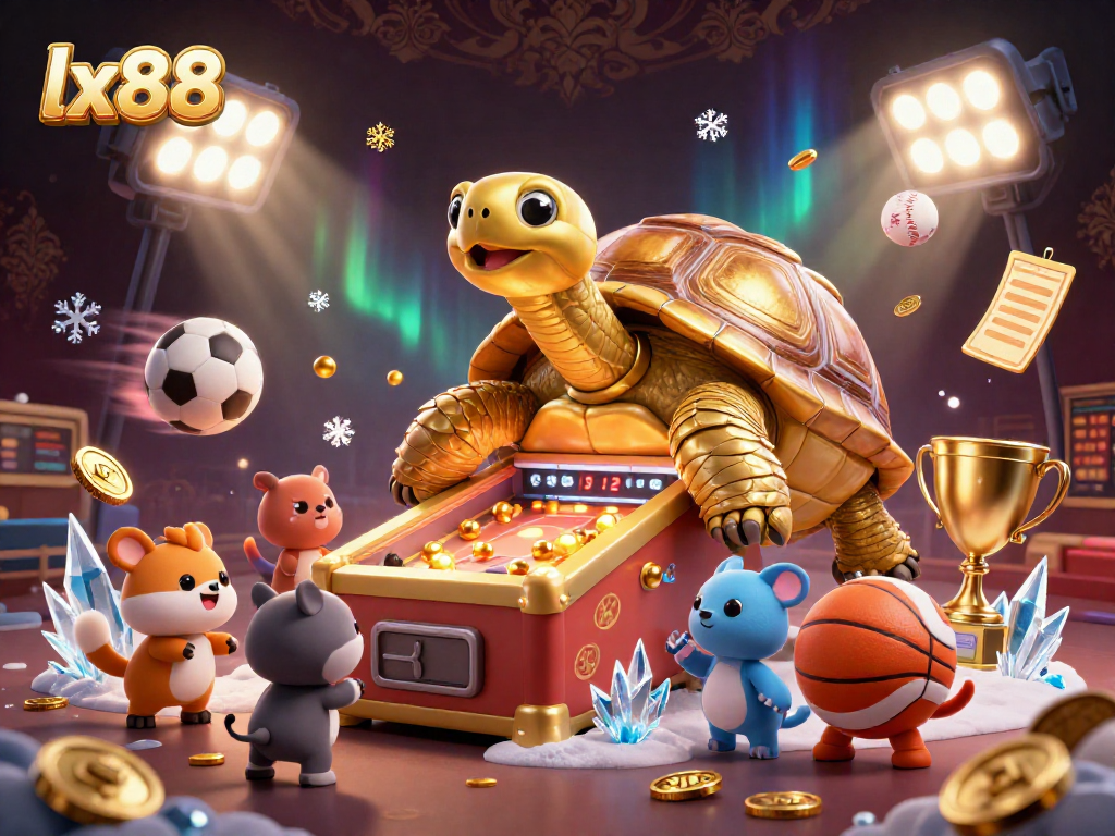 Engage with lx88 and win exciting rewards in this lively casino-themed illustration featuring a dynamic pinball tortoise.