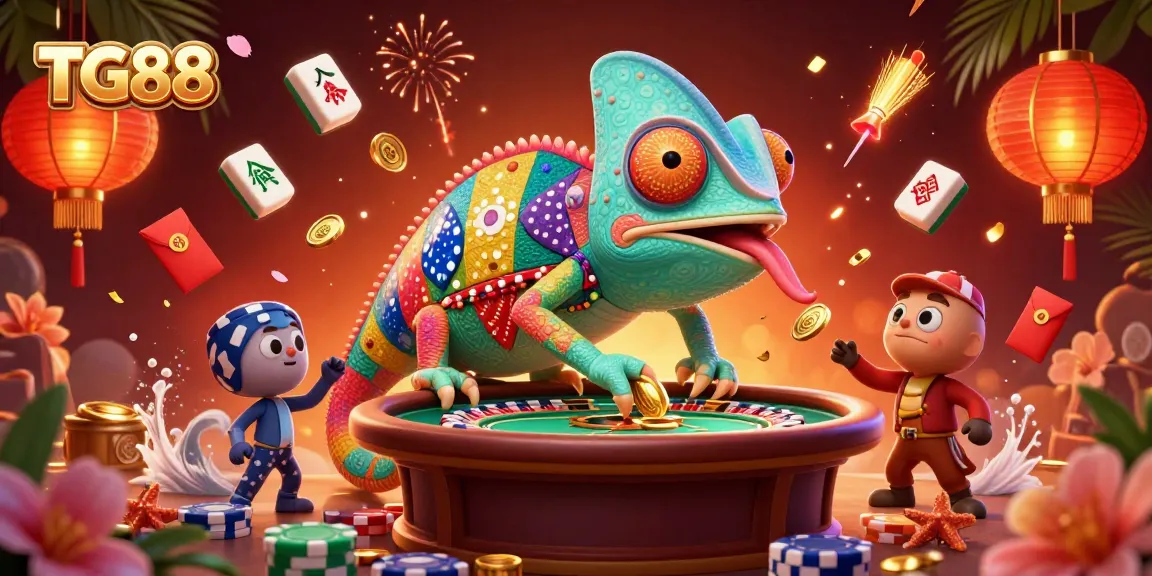 Engage with TG88 in an animated casino scene featuring a vibrant chameleon owner, roulette, and festive game elements.