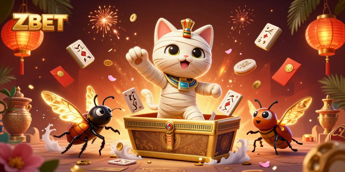 ZBET showcases an immersive pyramid casino scene with a mummy cat and glowing scarab for players.