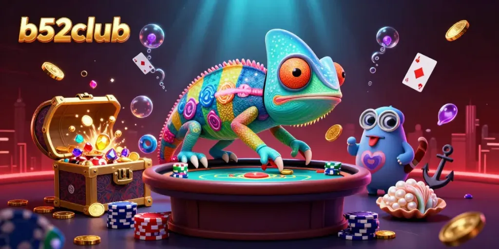 Experience the vibrant and colorful gaming scene of b52club featuring a dynamic chameleon casino owner.