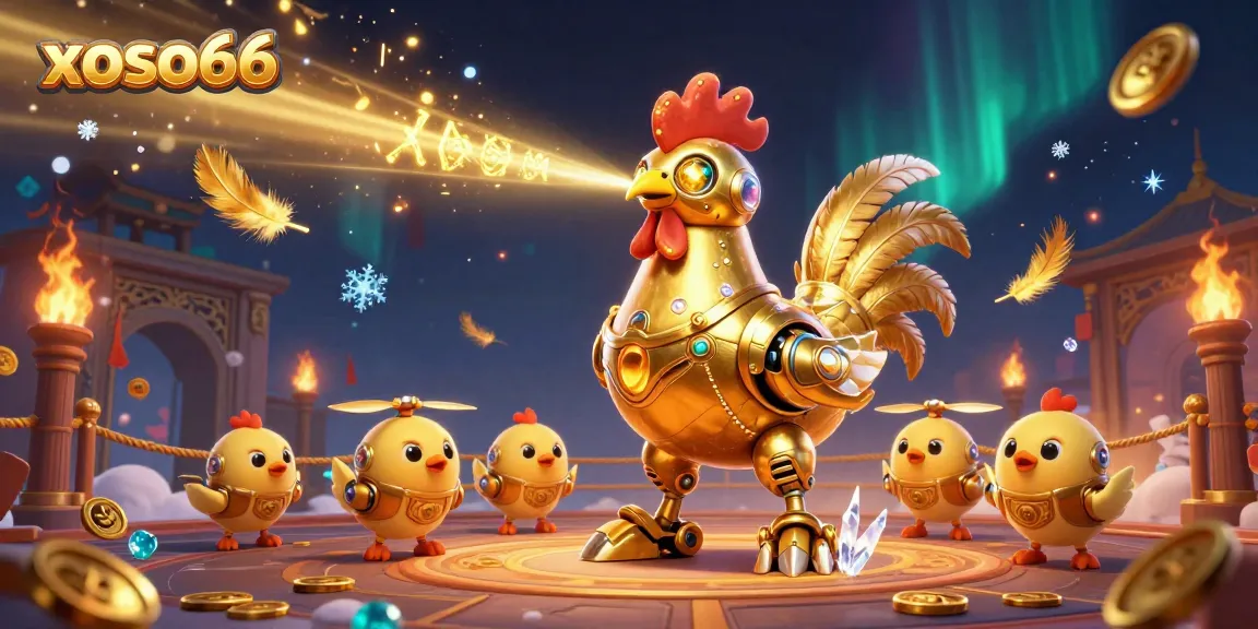 Xoso66 brings thrilling excitement with a vibrant scene of a golden rooster robot and baby drones in a casino
