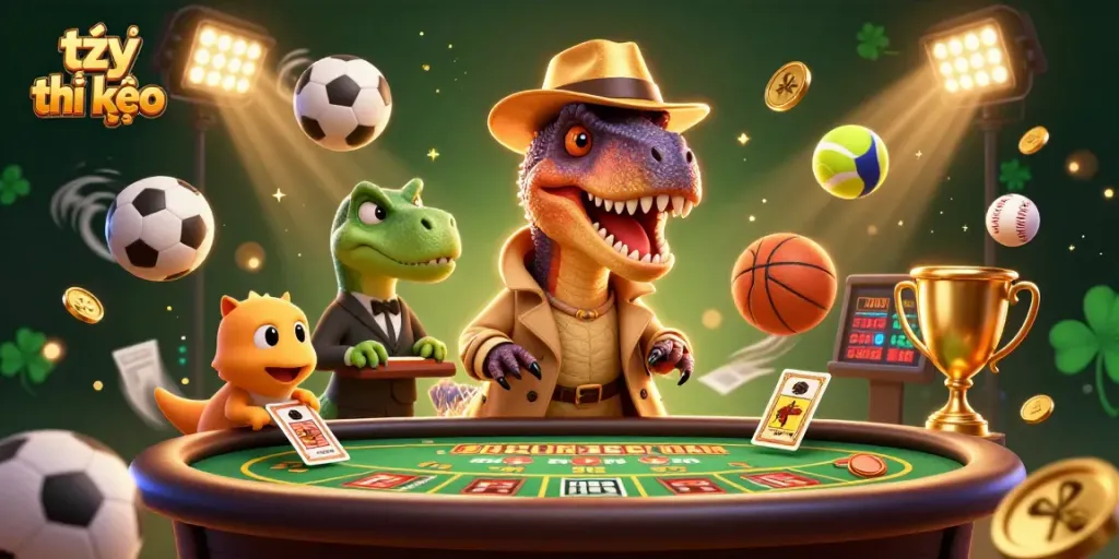 Engage in thrilling tỷ lệ kèo sports betting with a cartoon velociraptor countering cards at a vibrant table.