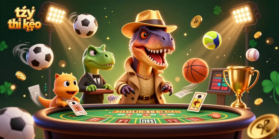 Engage in thrilling tỷ lệ kèo sports betting with a cartoon velociraptor countering cards at a vibrant table.