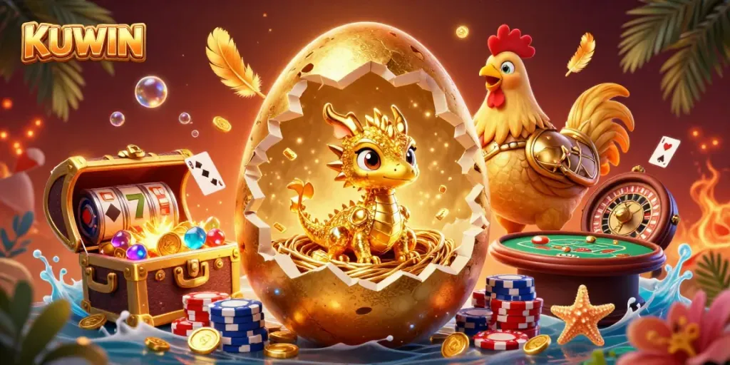 Engage with KUWIN's thrilling casino world featuring a golden dragon, poker chips, and dynamic slot elements.