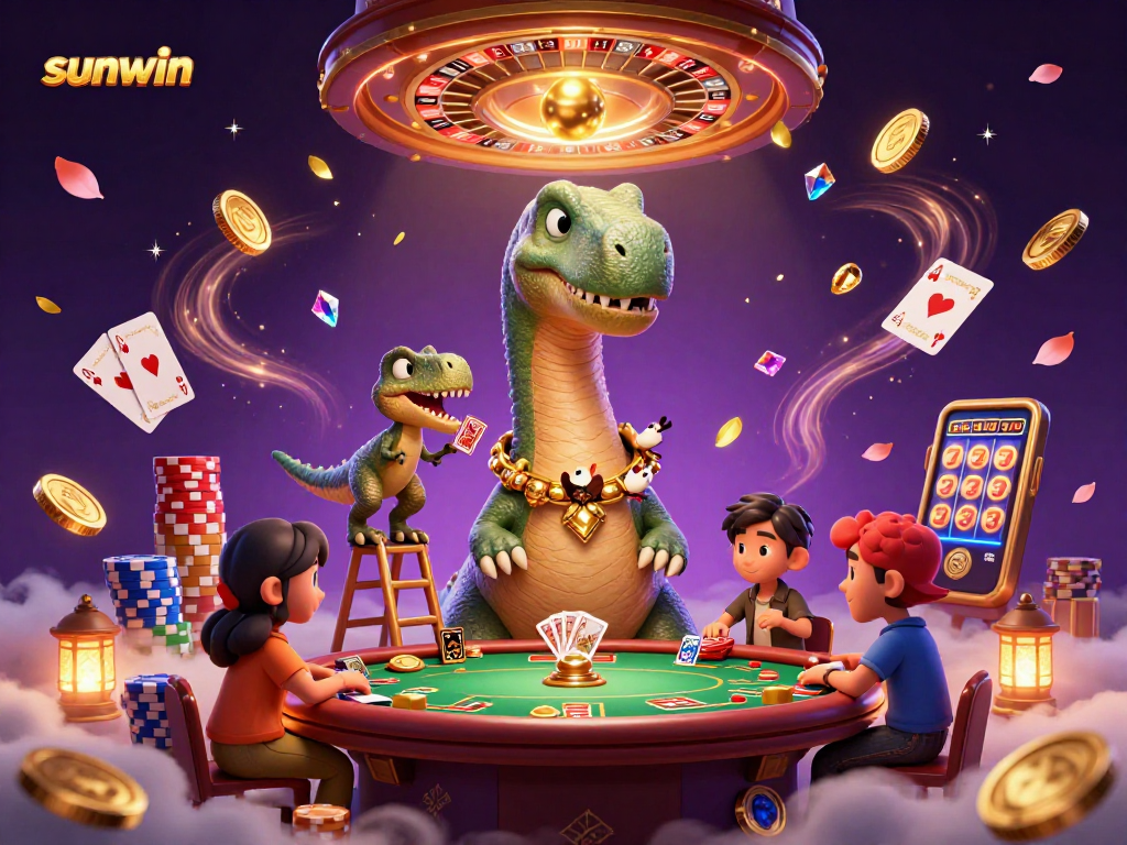 sunwin illuminates a vibrant casino scene featuring a towering brontosaurus and clever raptor dealing cards