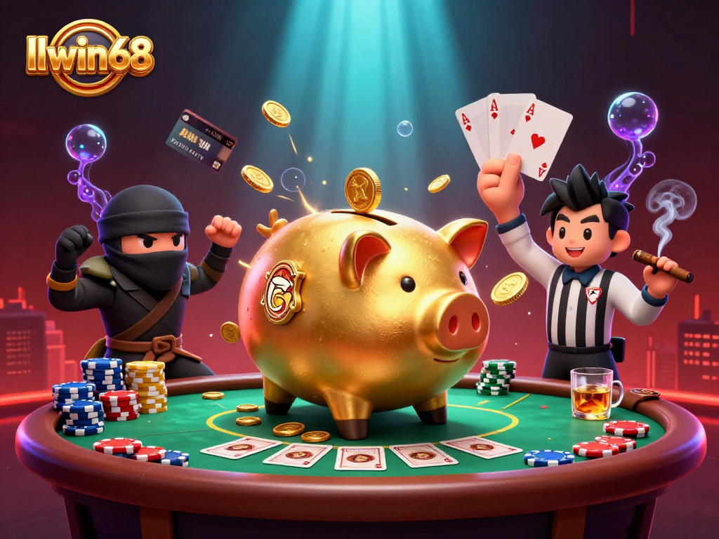 Experience thrilling wins at llwin68 with a dynamic 3D casino illustration featuring vibrant characters and poker elements.