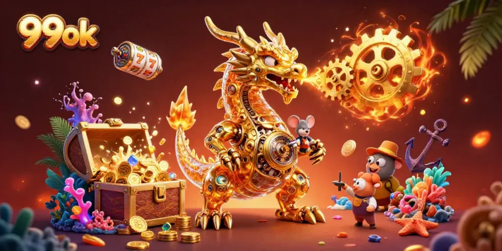 Experience thrilling wins with 99ok at this vibrant, immersive casino scene featuring a golden dragon.