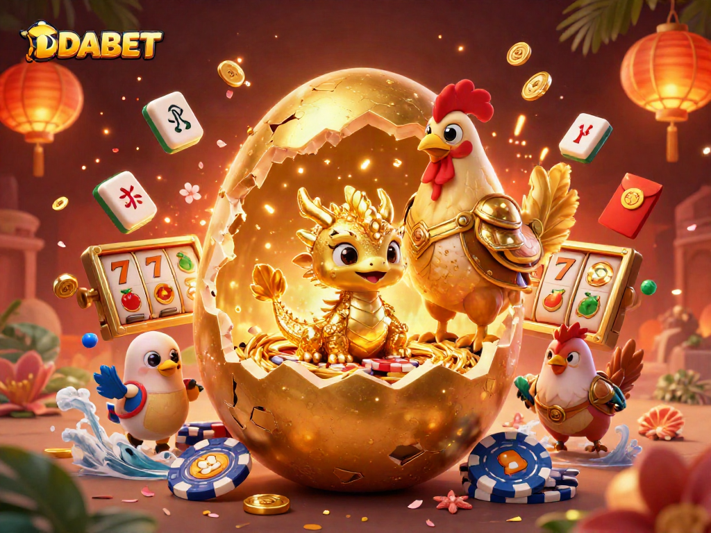 DABET reveals a baby dragon made of gold within a dazzling casino scene filled with dynamic game elements.