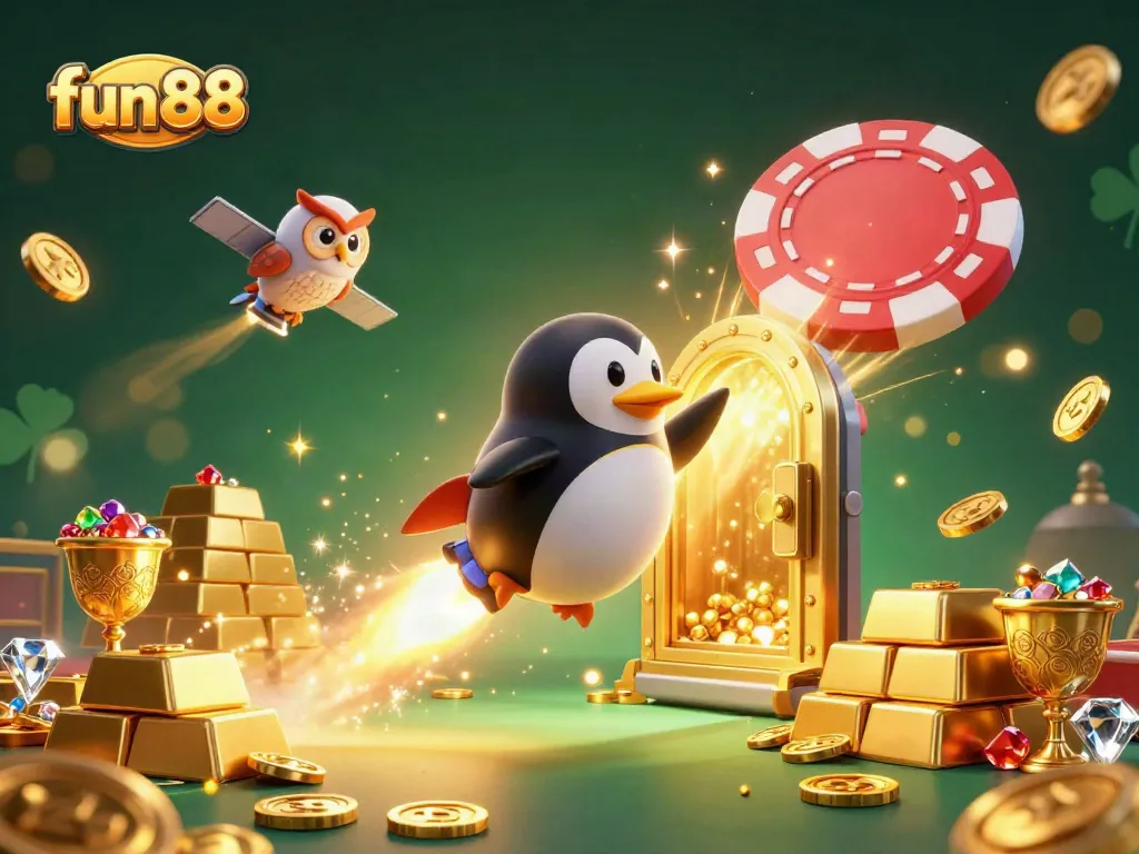 Experience the thrill of fun 88 at a vibrant casino, with a penguin navigating toward a giant poker chip station.