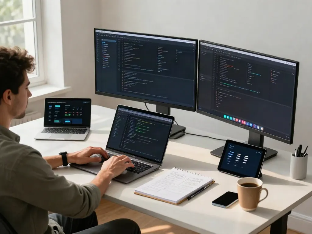 Developer at a clean workspace focused on instant indexing, showcasing dual monitors and tech tools in a bright office.